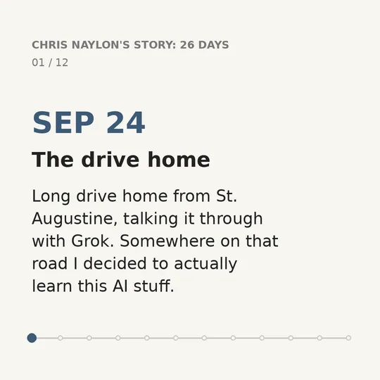 01 of 12. SEP 24. The drive home. Long drive home from St. Augustine, talking it through with Grok. Somewhere on that road I decided to actually learn this AI stuff.
